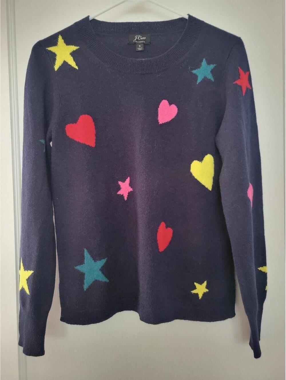 J Crew Women’s Small 100% Cashmere Navy Blue Heart Star Sweater